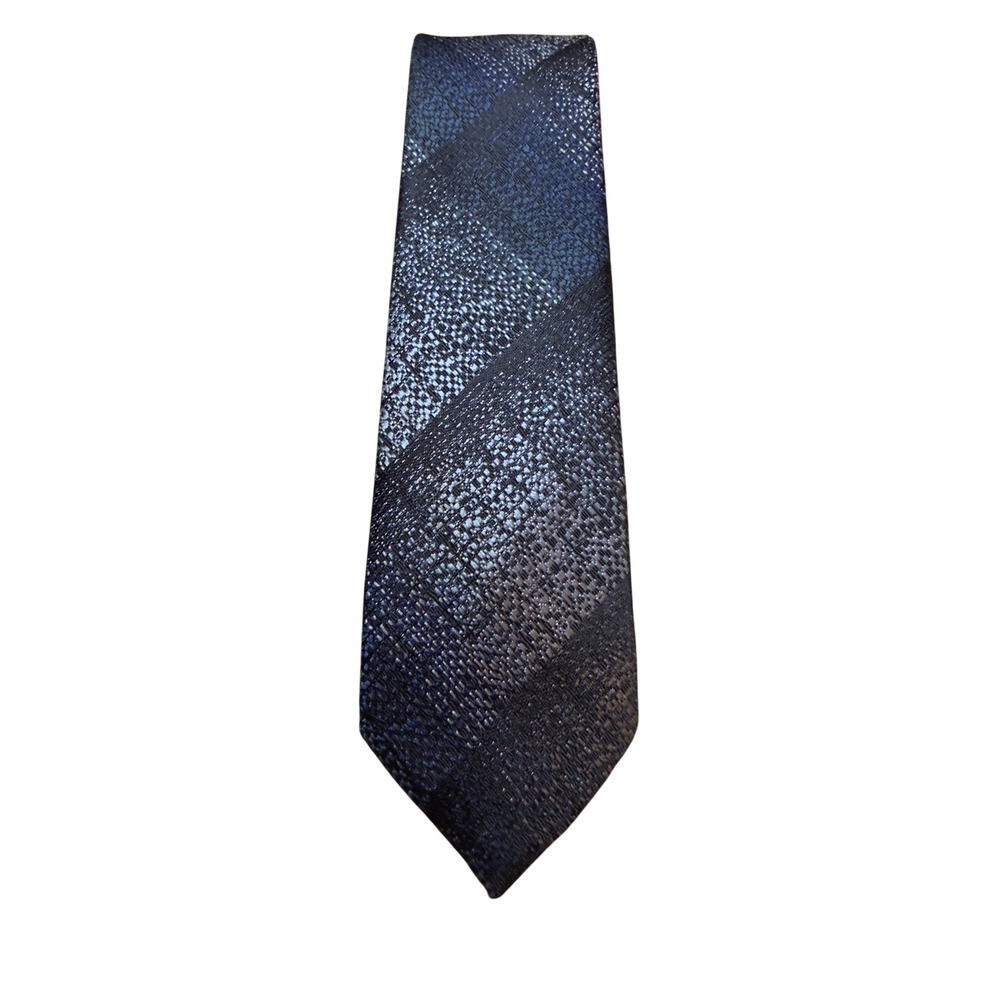 Brittania Mens Skinny Tie Navy Blue Grey Textured Diagonal Stripe Made in USA
